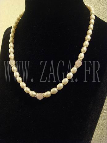 Collier perles de culture et quartz roses
