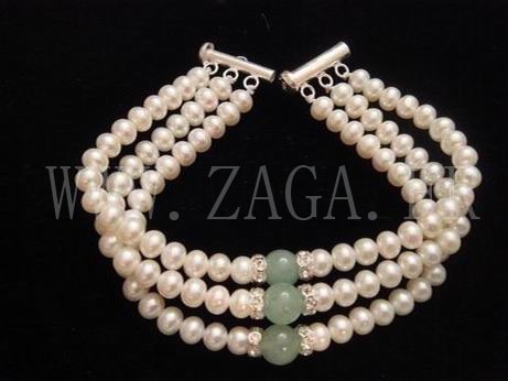 Bracelet perles de culture et jade 3 rangs