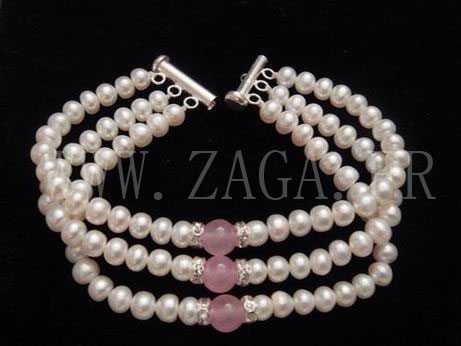 Bracelet perles de culture et crystal rose 3 rangs